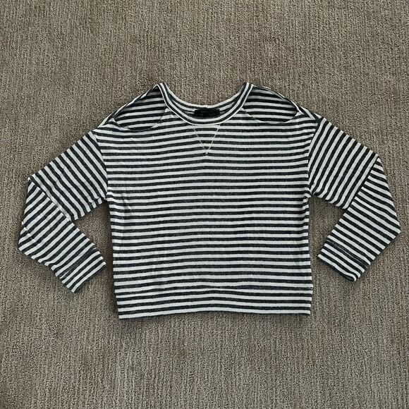 BCBGMaxAzria Grey and White Striped Open Shoulders Crewneck Sweater - Picture 1 of 6